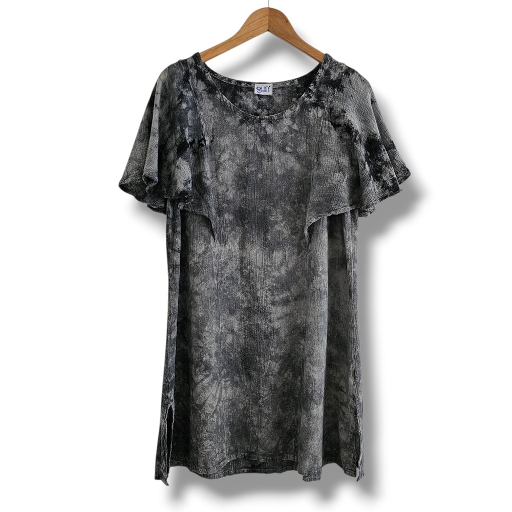 Oh My Gauze Tunic Top L Grey Flutter‎ Sleeve Crinkle Cotton Boho Lagenlook Artsy